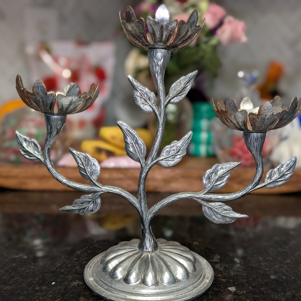 Silver and Bronze Floral Candle Holder